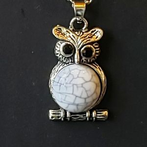 NWT Owl Necklace w/Gray Veined Stone and 20" Chain
